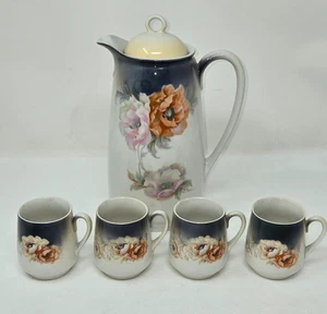 ROSAS CAFETERA CHOCOLATE PORCELANA VINTAGE CON 4 TAZAS DEMITASSE ALEMANIA - Imagen 1 de 8