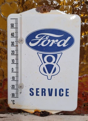 VINTAGE FORD PORCELAIN SIGN THERMOMETER V8 MOTOR SERVICE FOMOCO CAR TRUCK AUTO - Image 1 of 4