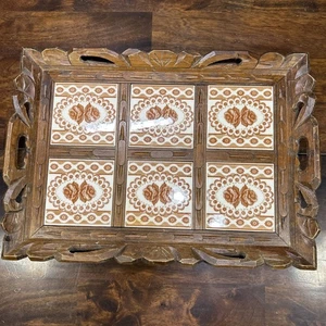 Vintage 70er mexikanisches handgeschnitztes Holz Blumenfliesen Serviertablett MCM Retro 19x14 - Bild 1 von 6