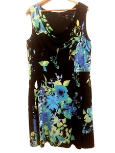 R&K Black Sleeveless Dress Blue & Green Floral Cowl Neck Cottage Women's SZ 18 - Picture 1 of 9