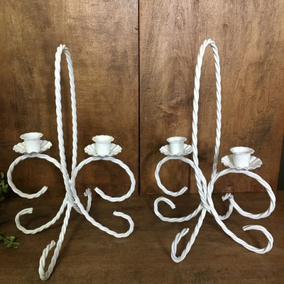 Home Interior Taper Candle Sconce Holder Tabletop White Rope Metal Twisted 2 Pc. - Image 1 of 4