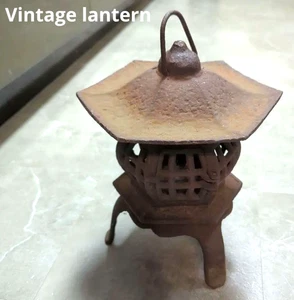 Japanese Old Iron Hexagon Hanging Andon Lantern Tsuri-Toro W9.4×H12.6in Rust FS - Picture 1 of 4