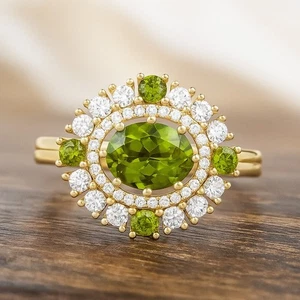 Vintage Style Peridot & Diamond Halo Ring 14k Gold August Birthstone # 1050 - Picture 1 of 19