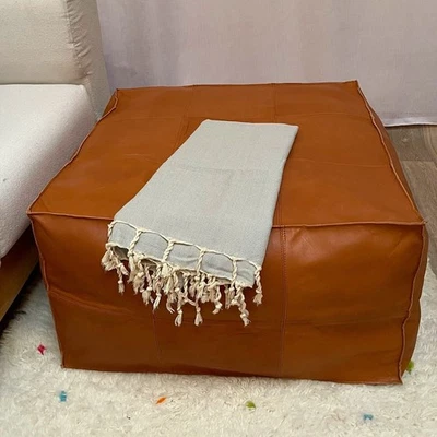 Moroccan Leather Ottoman Pouffe Aamazing Footstool 30'' Genuine Unstuffed Boho - Image 1 of 4