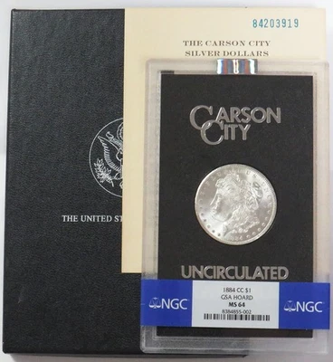 1884 CC CARSON CITY MORGAN SILVER DOLLAR GSA HOARD $1 NGC MS 64 BOX & COA - Image 1 of 3