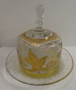 VICTORIAN GILT ENAMEL PAINTED FLORAL GLASS BUTTER DISH - CHEESE DISH - Picture 1 of 12