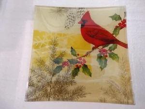3 Piece Red Cardinal on Holly 6" Square Glass Candy Dish Plate Napkins & knife - Picture 1 of 3