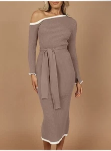 Caracilia Damen Langarm Schulterfreies Midi Pullover Kleid - Schwarz - M - Bild 1 von 4