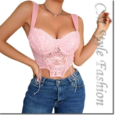 Sexy Corsé Bordado Floral Corte Bajo Bustier Malla Top Rosa M 34B-34C-36B Foto 1 de 4