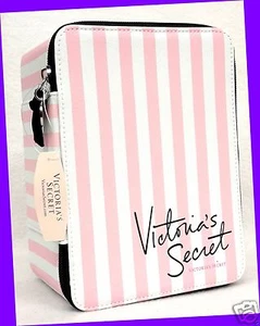 NWT! Victoria's Secret Striped PINK & WHITE Black Graphic Travel Case Pouch Zip - Picture 1 of 9
