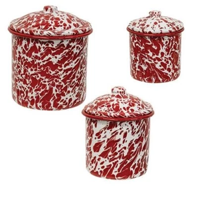 Primitive RED SPLATTER ENAMELWARE CANISTERS WHITE 3 pc New Farmhouse Cottage - Image 1 of 2