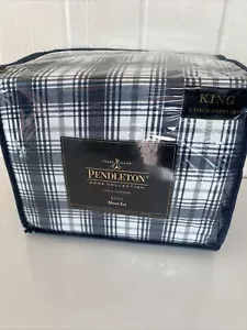 Pendleton King 4-teiliges Blattset 112X104 Davis kariert Flanell marineblau cremefarben 100 % Baumwolle neu mit Etikett - Bild 1 von 7