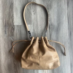 DKNY drawstring light brown leather shoulder hobo bucket purse bag Y2K Silver - Picture 1 of 9