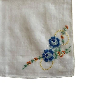 Handkerchief White Hankie Blue Floral Flowers Cross Stitch 10.25x11.25” - Picture 1 of 4