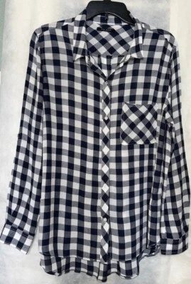 Blusa Top Max Jeans Para Mujer Talla L Azul Marino Manga Larga Cuadros 100% Rayón Foto 1 de 4