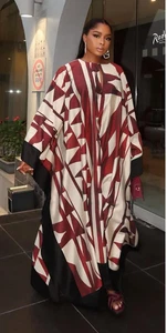 H&M Oversize Kaftan Kleid Geometrisch Beige Burgund Rot Rost Ton Gr. M/L Neu - Bild 1 von 24