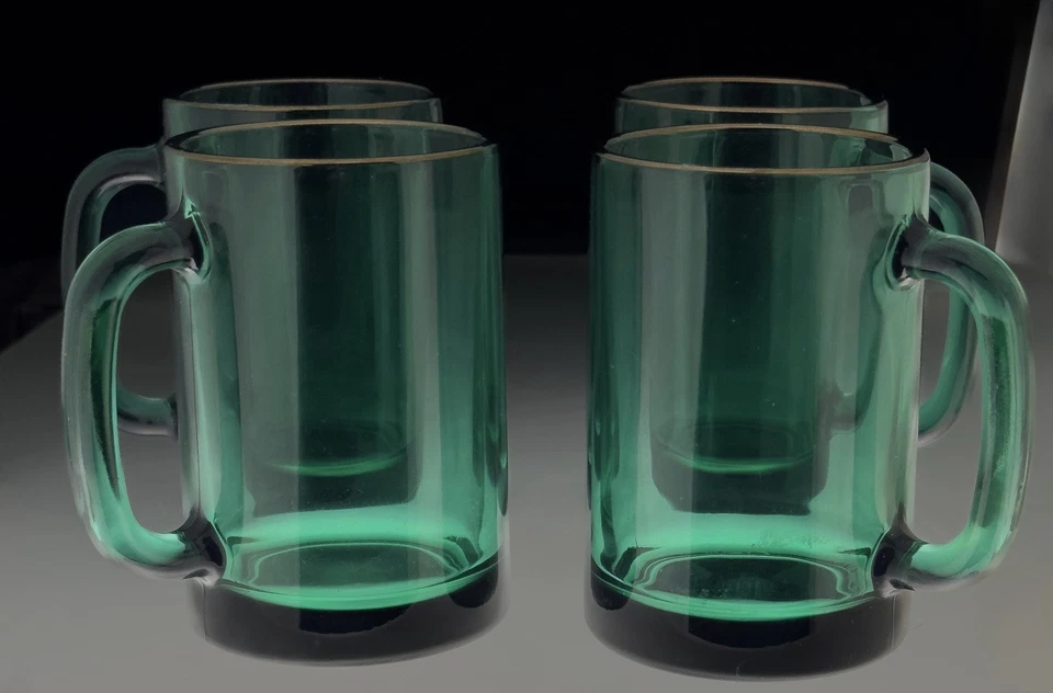 Juego de 4 tazas de vidrio Libbey verde enebro 10 OZ de colección con asas borde dorado 4,25 pulgadas Foto 1 de 4