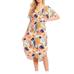 Vestido Roxy Midi Tropical Cuello en V Talla Mediana Floral Naranja Azul Verde Resort - Imagen 1 de 6