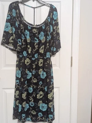 Allison Brittney Size Med Black Dress W Blue Sage Floral Design Cinched Waist - Image 1 of 4