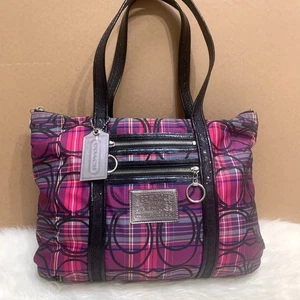 COACH POPPY Purple/Pink Tartan Plaid Glitter Outline Signature GLAM Tote #14360 - Picture 1 of 16