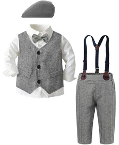 Boys Clothes Set, Dress Shirt with Bow Tie + Formal Vest + Newsboy Hat + Susp... - Picture 1 of 7