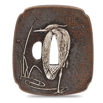 Sword Guard Tsuba Brass Heron On A Pond - Image 1 of 4