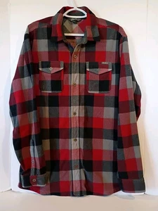 Eddie Bauer Fleece Shirt Mens M Tall Red Gray Plaid Shacket Metal Button Hiking - Picture 1 of 7