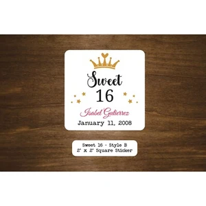 Personalized Sweet 16 Birthday Stickers | 2" x 2" Square Labels | Style B - Picture 1 of 2