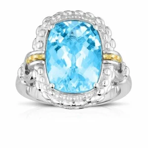 Phillip Gavriel Designer Octagon Blue Topaz Ring 18k Gold Silver Popcorn Design - Picture 1 of 6