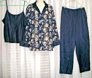 NWT SECRET TREASURES PLUS 1X NAVY SATIN~FLORAL CHIFFON~3 PC LOVELY PAJAMA SET~ - Picture 1 of 11