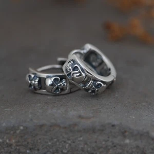 S925 Sterling Silver SKULL Band Huggie Hoop Earrings Gothic Biker Retro Unisex - Picture 1 of 13