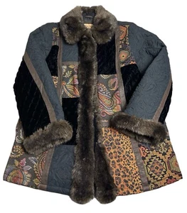 Vintage Midnight Velvet Tapestry Fur Patchwork Embroidered Jacket Women Large - Picture 1 of 16