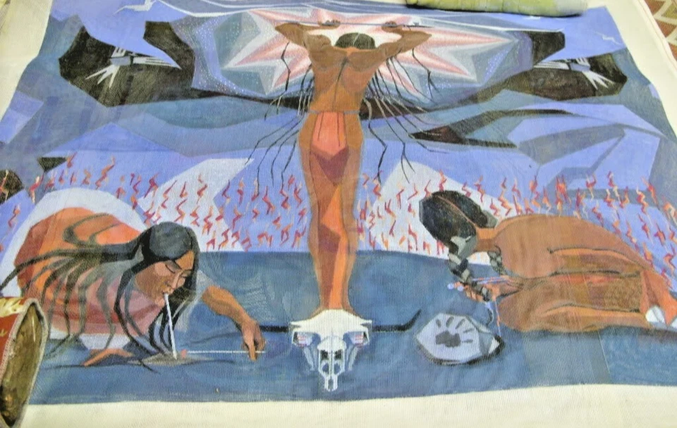 Handpainted Needlepoint Canvas - 3 Natives Giving Praise - Southwestern - Image 1 of 1