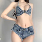 Damen Denim Bikini Sexy Bh Hotpants Mini Jeans Knopf Offen Tanga Bademode
