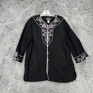 Bob Mackie Linen Blend Blouse Top Women's L Black Flower Embroidered Artsy Boho - Picture 1 of 11