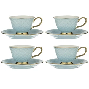 4x Ashdene New Bone China Ripple Cup & Saucer Set Tea/Coffee Mug Powder Blue - Picture 1 of 4