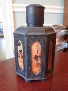 Antike chinesische Bronze Teedose achteckig mit handbemalten Tafeln signiert - Bild 1 von 6