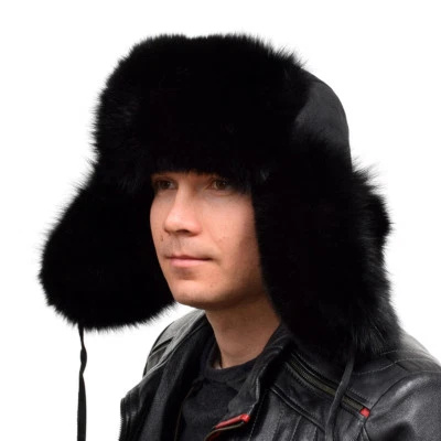 Gorra Ushanka de piel de zorro negra genuina para hombre II piel natural real cálida invierno Foto 1 de 4