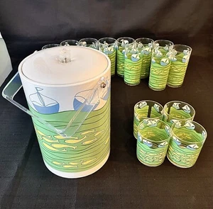 Mid Century HJ Stotter Ice Bucket with 16 Tumblers Ocean Theme - Picture 1 of 24