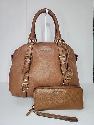 Michael Kors Bedford legacy satchel Hand bag Pebbled Lthr W/Wallet Tan Caramel M - Image 1 of 4