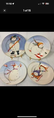 Oneida 雪人沙拉甜点盘 4 件套雪橇滑雪曲棍球运动 8.25 — 第 1/4 张图片