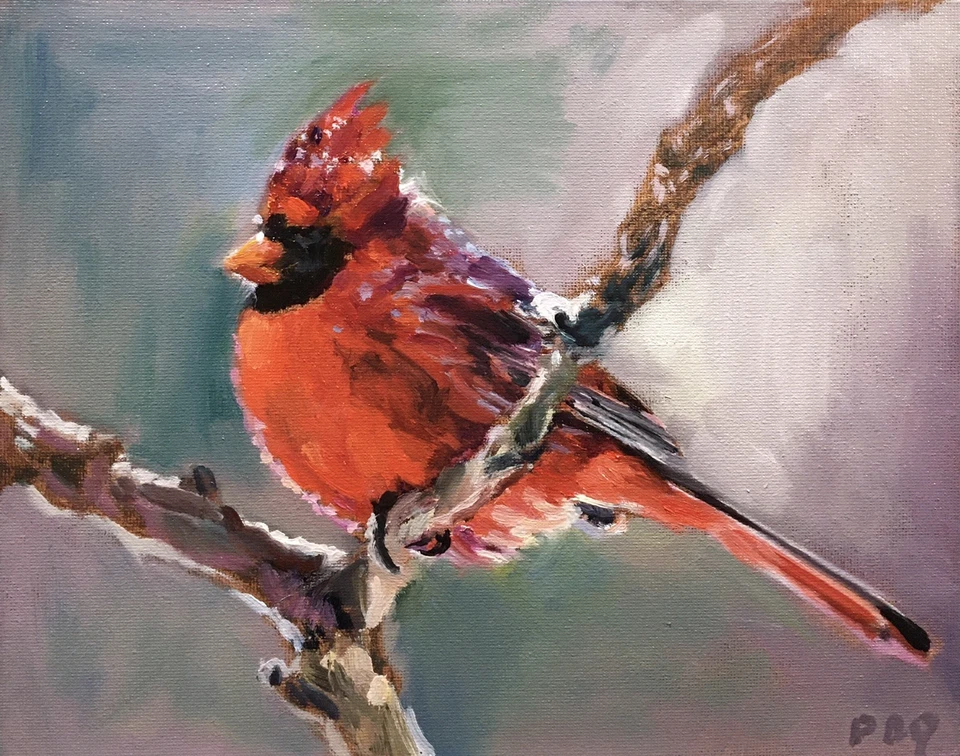 PDQ Artist Original Oil Painting Wildlife Bird Cardinal Impressionistic Realism - image 1 of 1