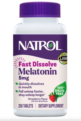 Natrol Melatonina 5 mg Disolución Rápida 250 Tabletas Sabor Fresa ~ EXP 2027 Foto 1 de 2