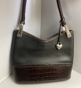 BRIGHTON Gina Black Brown Pebbled Leather Silver Hardware Braid Strap Purse - Picture 1 of 13