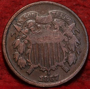 1867 Philadelphia Mint Copper Two Cent Coin - Picture 1 of 2