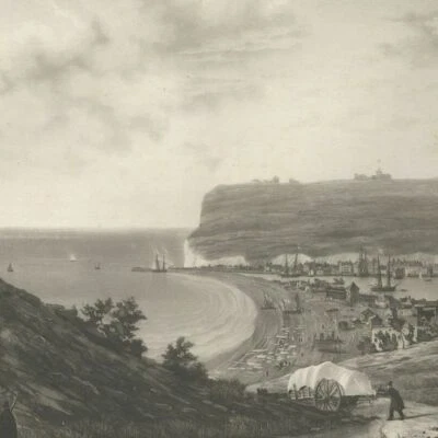 Vue de Fécamp prise du coté d'Etretat Aquatinte originale Louis Garneray XIXe - Photo 1/3