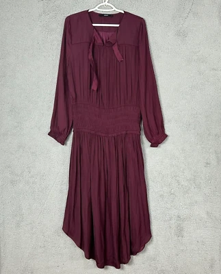 J Roberts a line dress womens large maroon smocked long sleeve pleated cinched - Image 1 of 4