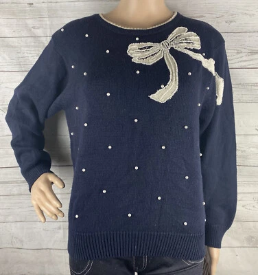 Suéter Petite Sophisticate Mediano Azul Marino Blanco Lazo Imitación Perla Algodón Acrílico Foto 1 de 4