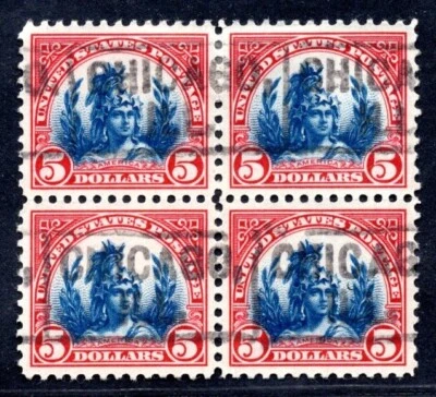 US 1922 SC. #573A DARK BLUE & CARMINE LAKE BLOCK OF 4 USED PERFECT CENTERING - Image 1 of 2
