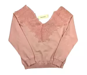 Francesca's Jun & Ivy Sweater Womens S Pink Off Shoulder Lace Trim V-Neck Top - Picture 1 of 7